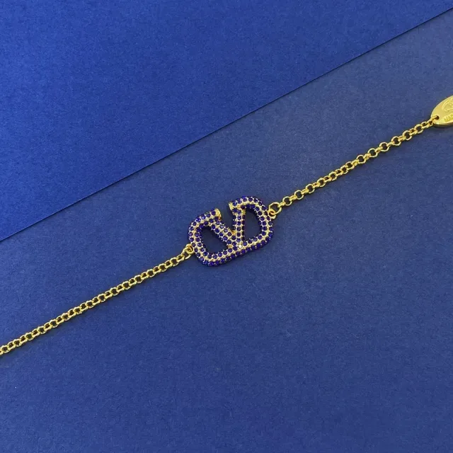 Valentino VLOGO Pavé Bracelet Chaîne Pierre Bleue Or 7