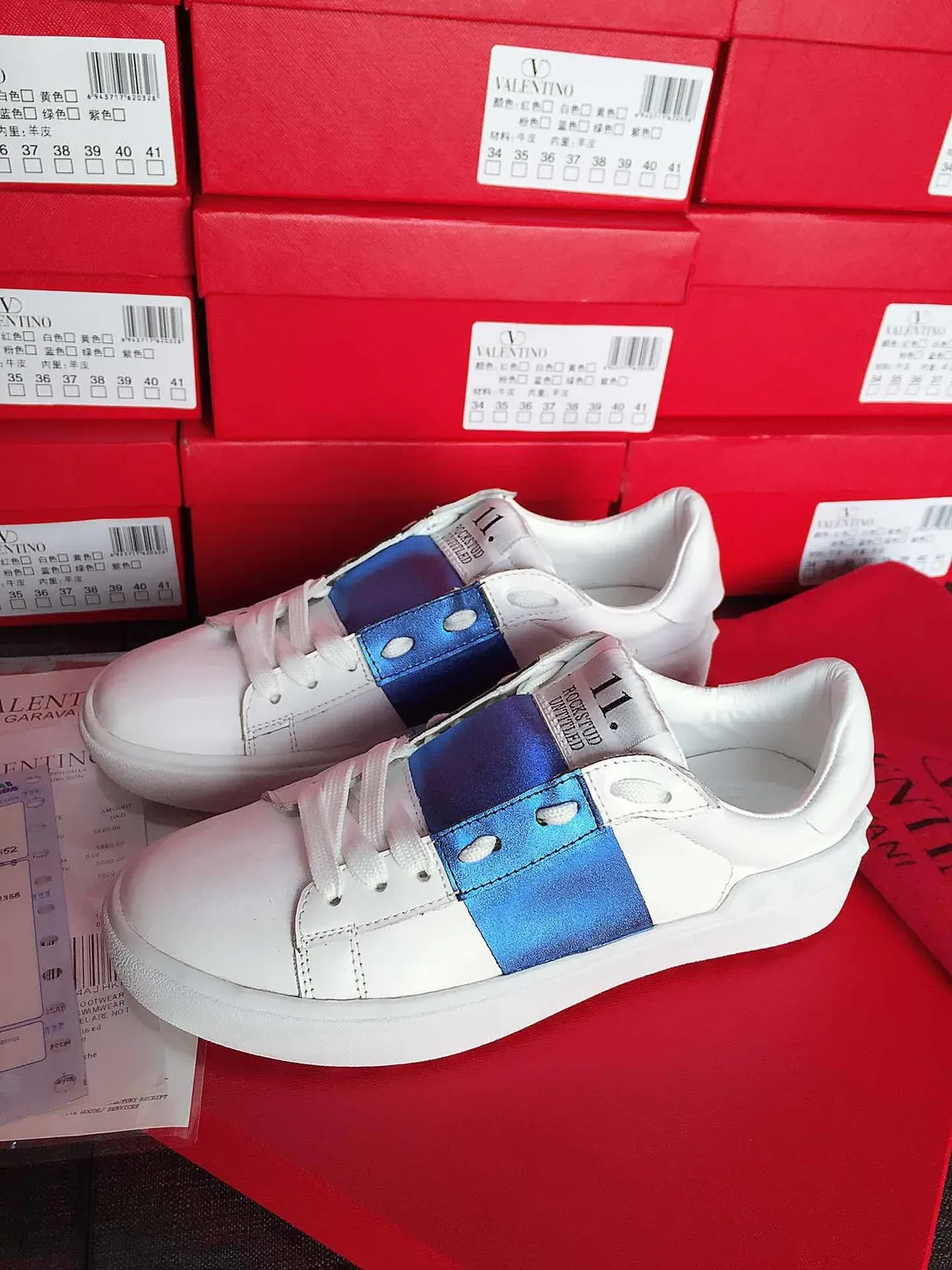 Valentino Blanc Bleu Cuir Sangle Satin Chaussures Lifestyle 2