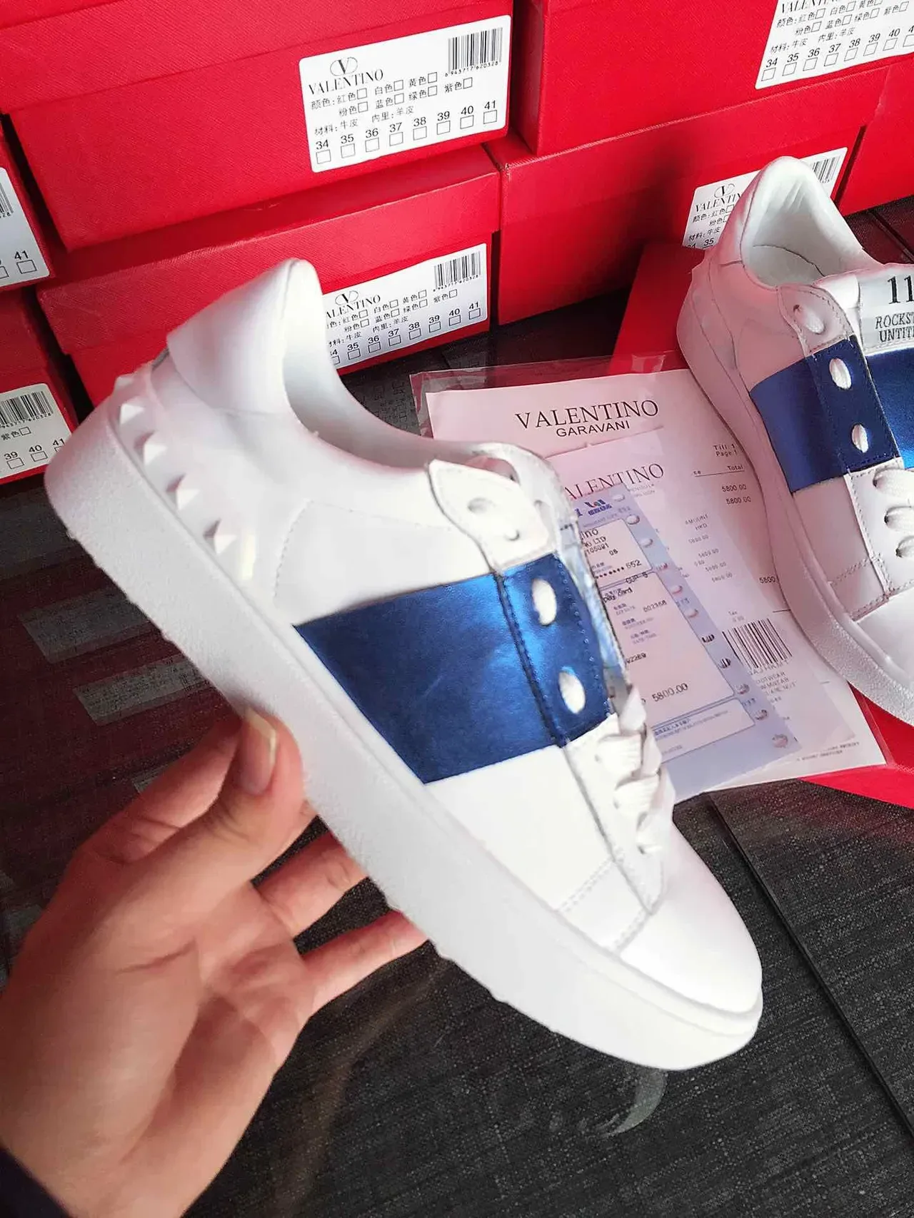 Valentino Blanc Bleu Cuir Sangle Satin Chaussures Lifestyle 4