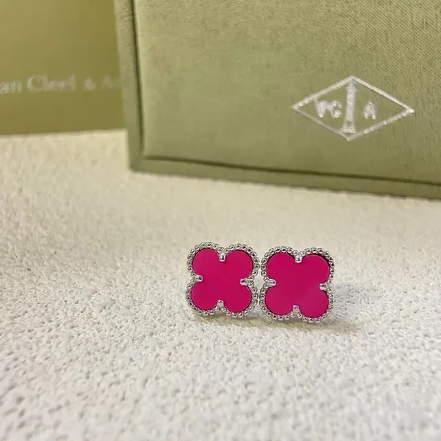 Van Cleef & Arpels Alhambra Fuchsia Enamel Clover Stud Earrings 3