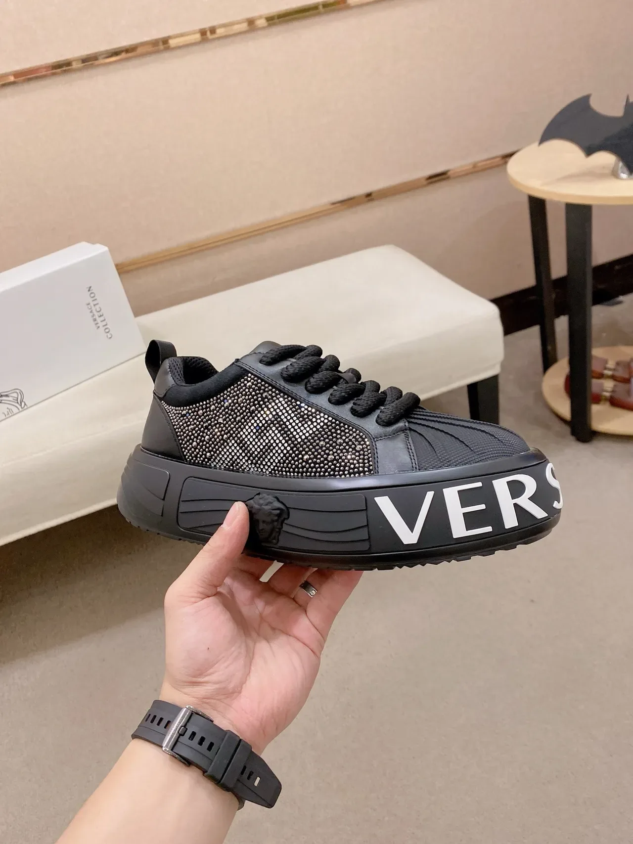 Versace Ace Black Silver Studded Upper Platform Sole Chunky Sneakers 5