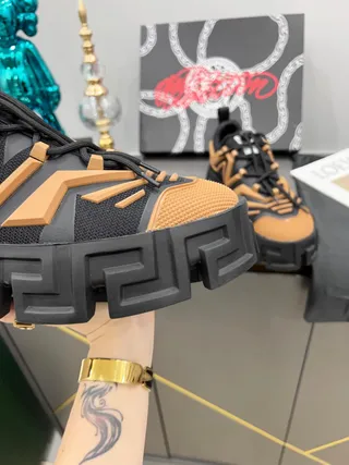 Versace Black Beige Sole Greca Key Pattern Chunky Sneakers 2