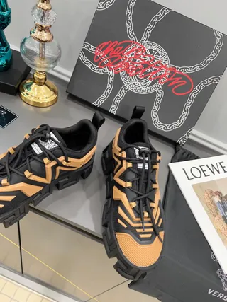 Versace Black Beige Sole Greca Key Pattern Chunky Sneakers 7
