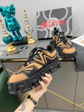 Versace Black Beige Sole Greca Key Pattern Chunky Sneakers 9