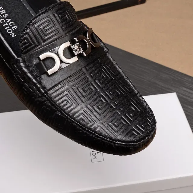 Versace Black Silver Embossed Greca Pattern Metal Horsebit Buckle Loafer 6