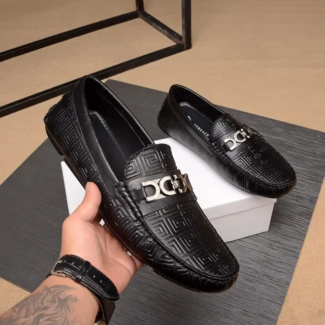 Versace Black Silver Embossed Greca Pattern Metal Horsebit Buckle Loafer 9