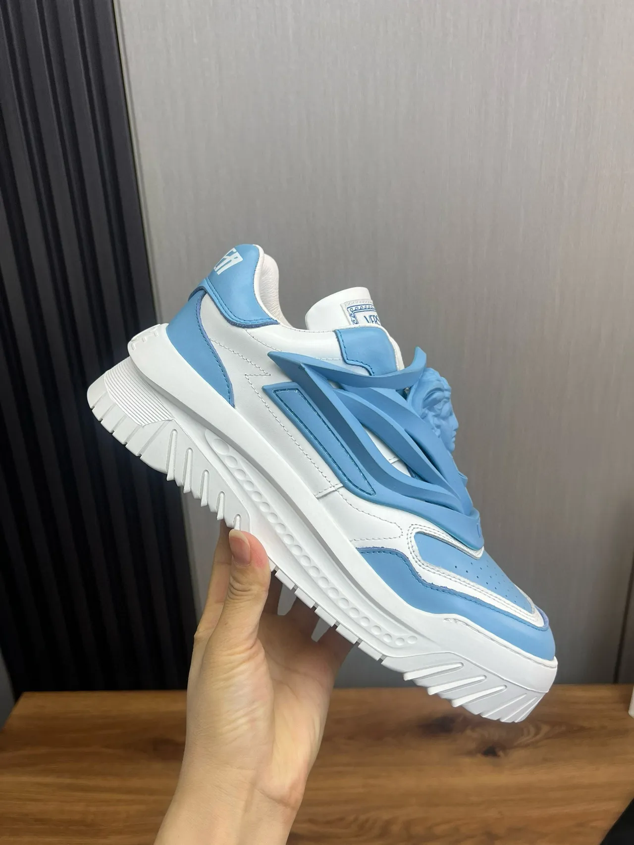 Versace Chain Reaction Light Blue and White Chunky Sneakers 4