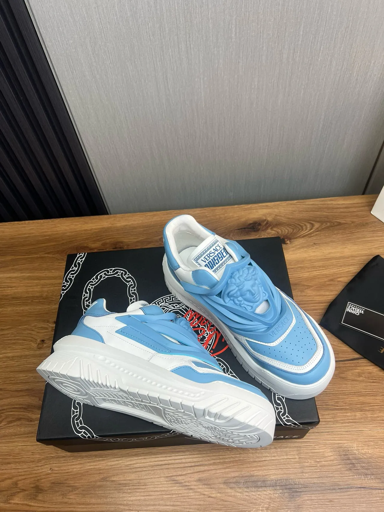 Versace Chain Reaction Light Blue and White Chunky Sneakers 5
