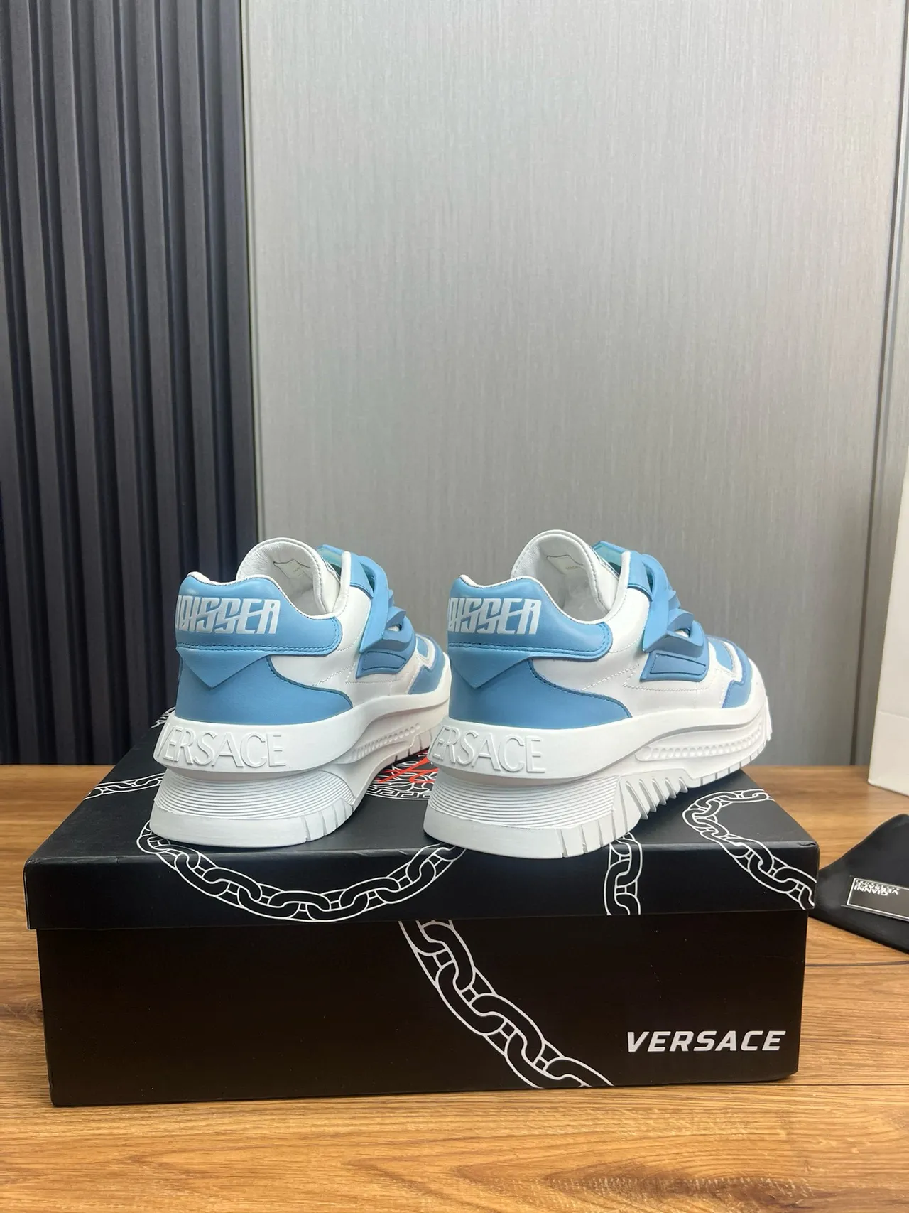 Versace Chain Reaction Light Blue and White Chunky Sneakers 6