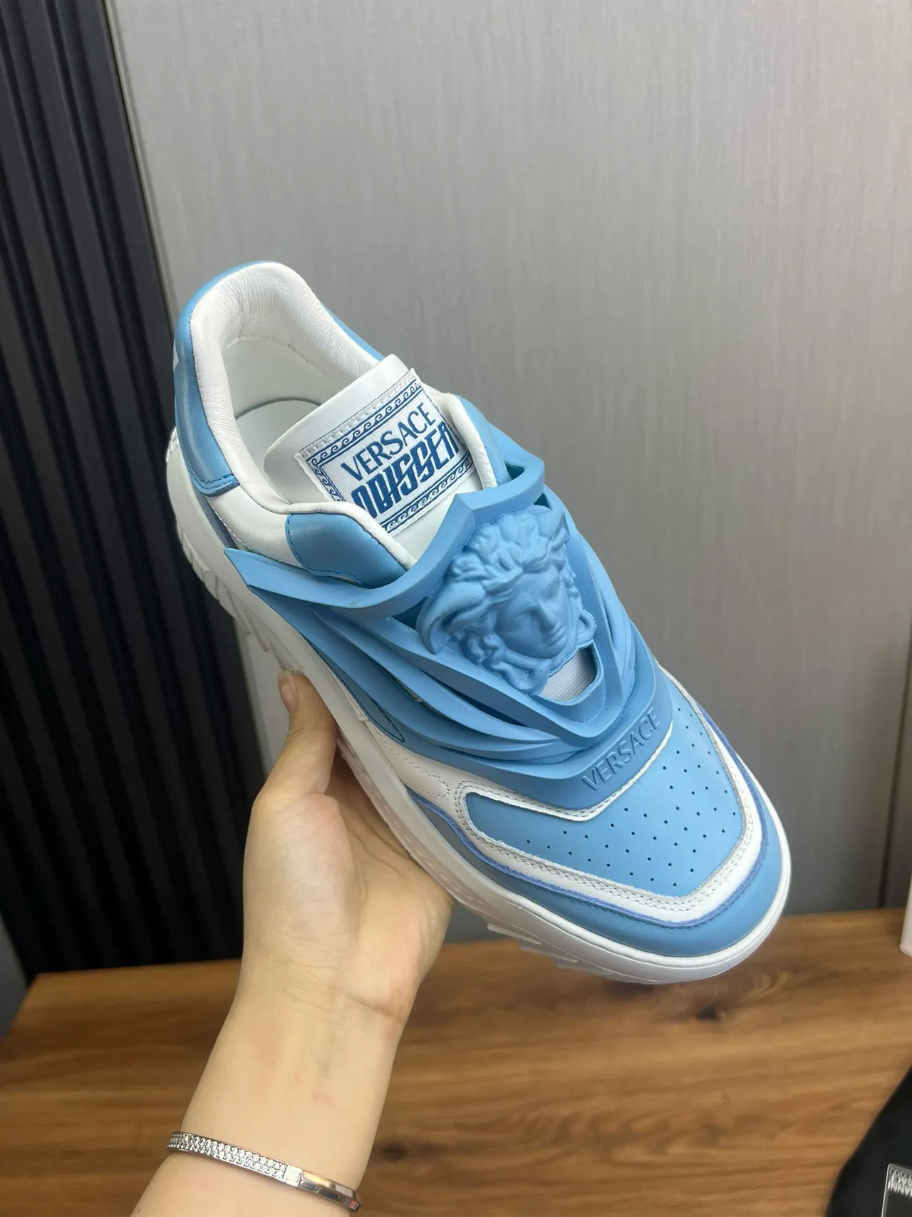 Versace Chain Reaction Light Blue and White Chunky Sneakers 7