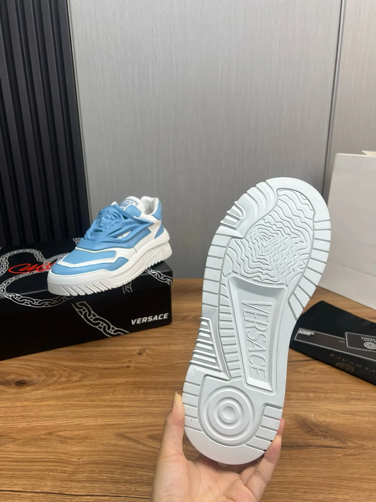 Versace Chain Reaction Light Blue and White Chunky Sneakers 8