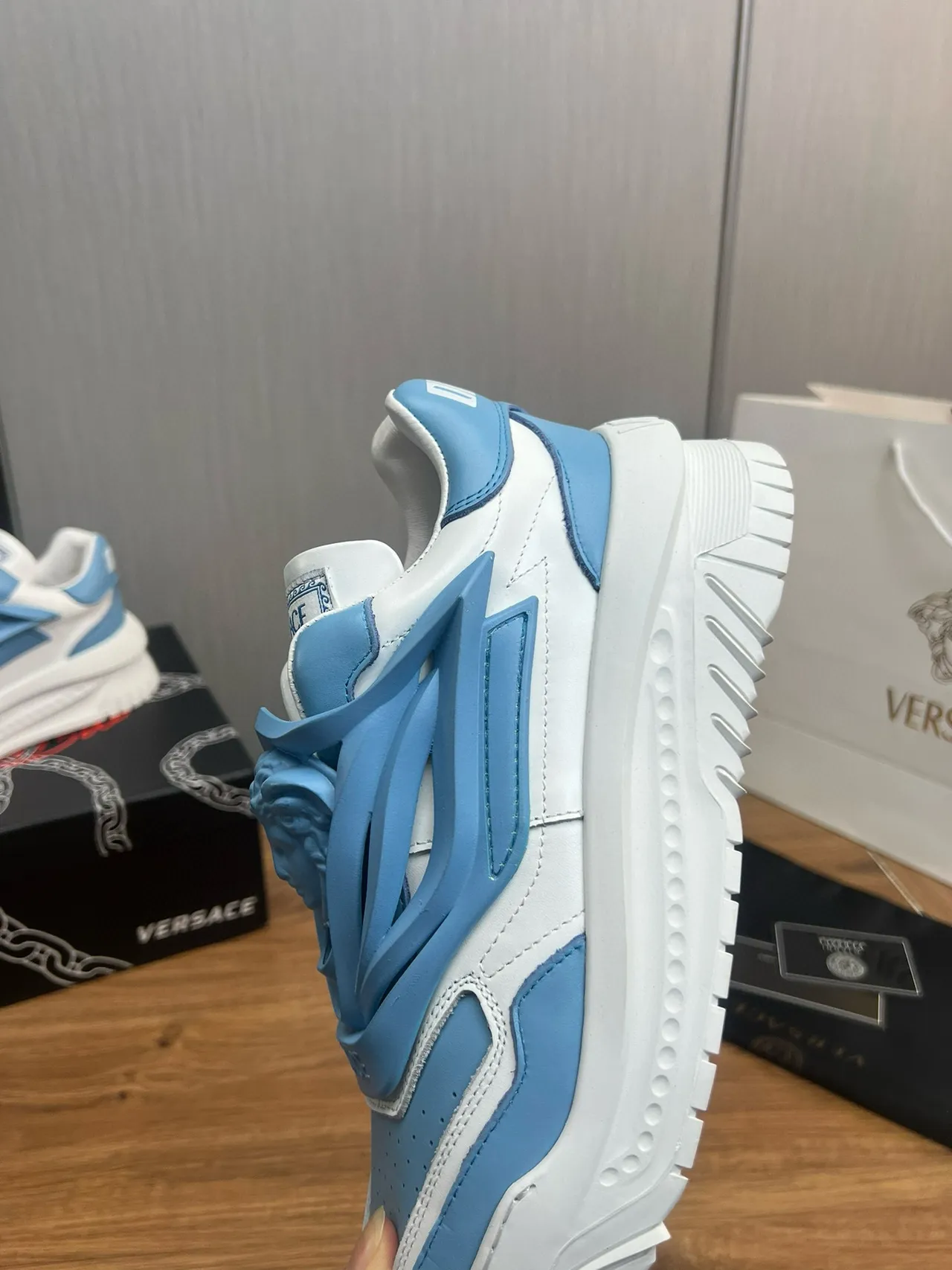 Versace Chain Reaction Light Blue and White Chunky Sneakers 9