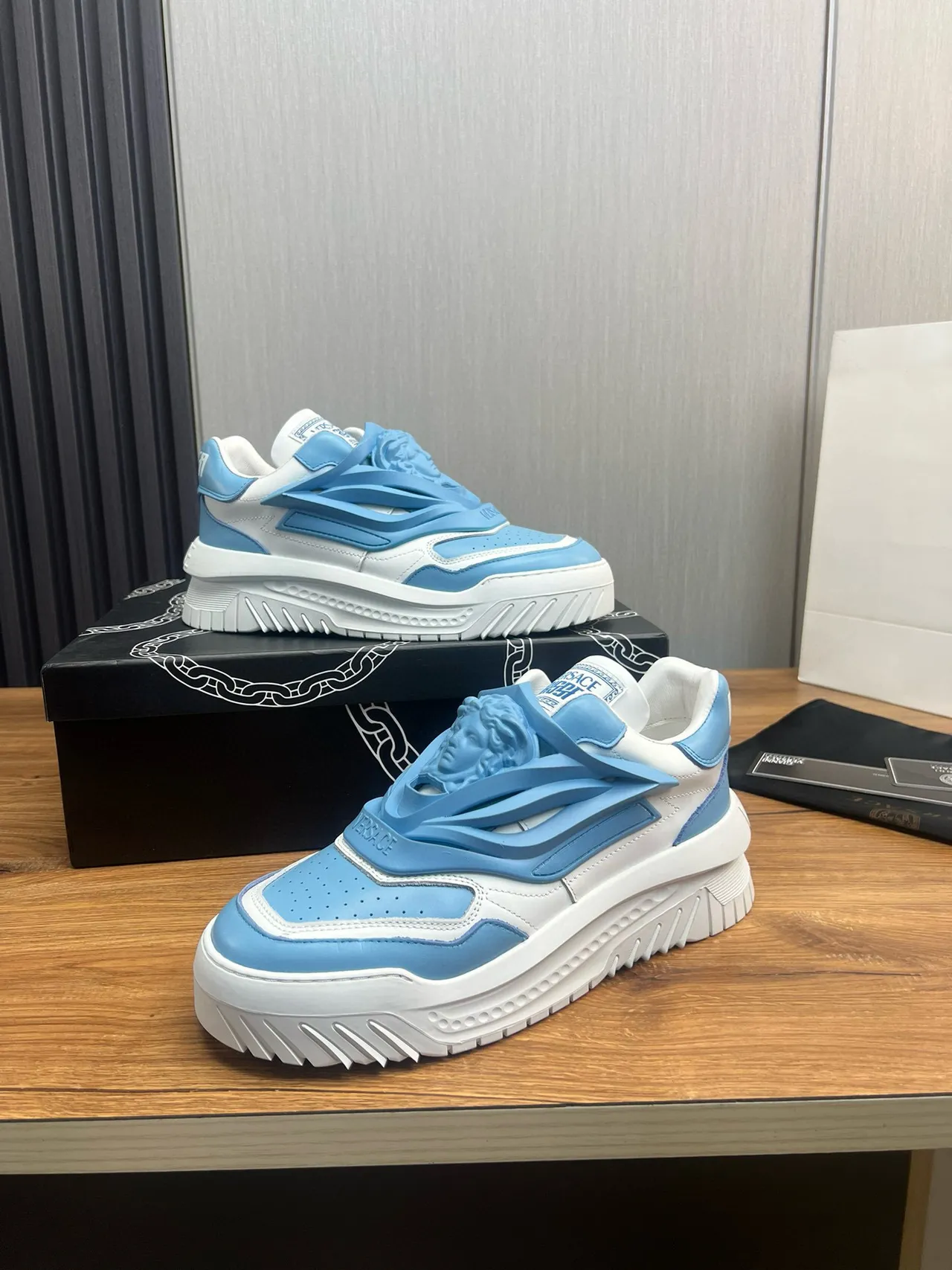 Versace Chain Reaction Light Blue and White Chunky Sneakers 10
