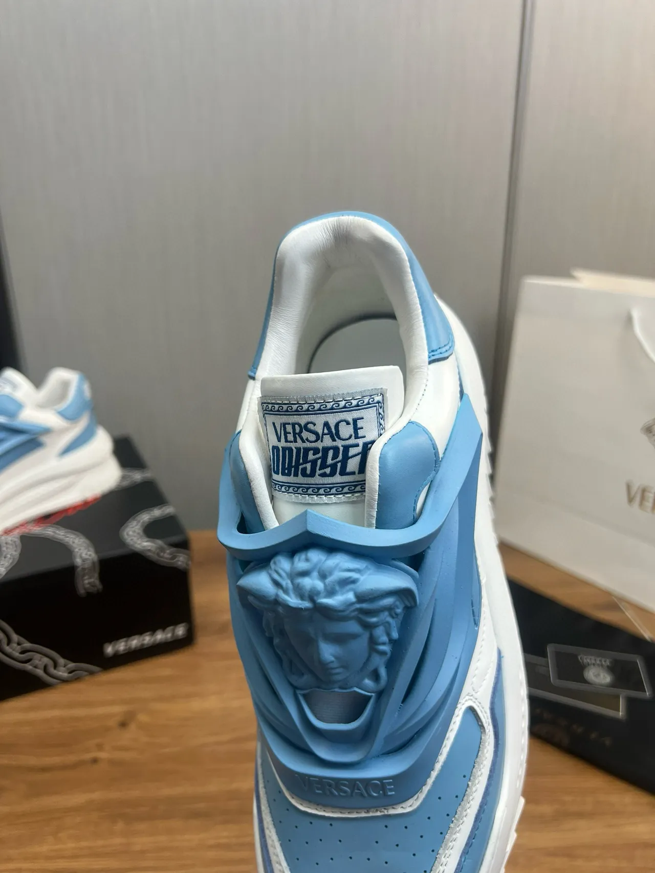 Versace Chain Reaction Light Blue and White Chunky Sneakers 11