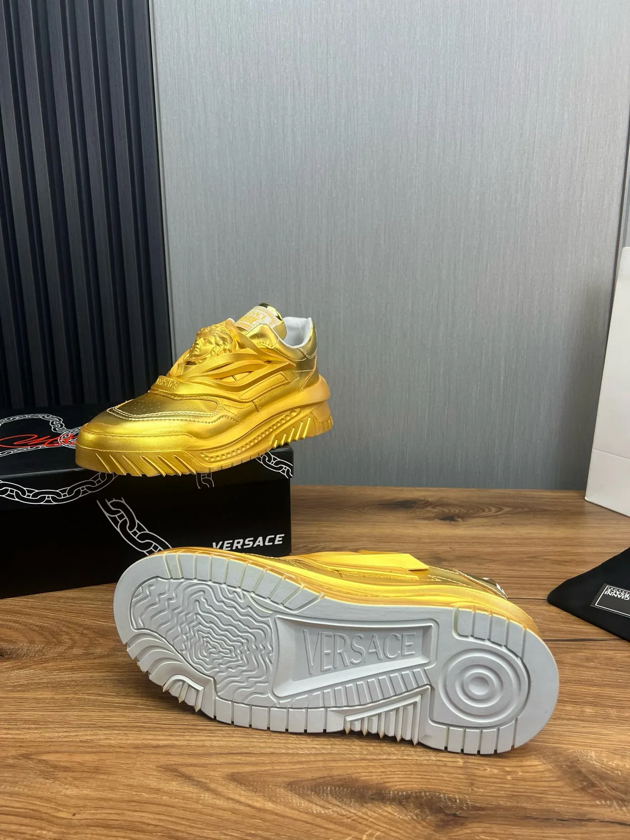 Versace Chain Reaction Metallic Gold Chunky Sneakers 9