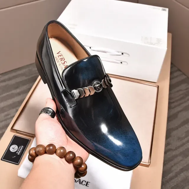 Versace Chain Reaction Navy Blue Patent Leather Loafers 5