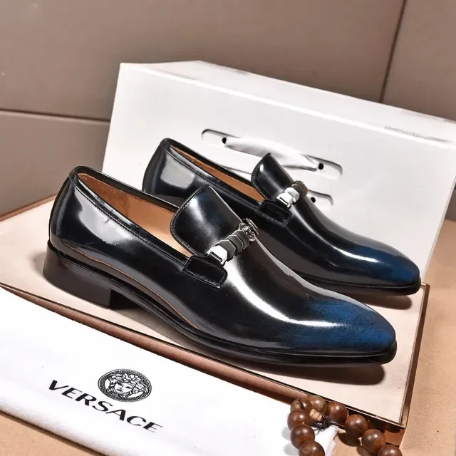 Versace Chain Reaction Navy Blue Patent Leather Loafers 7