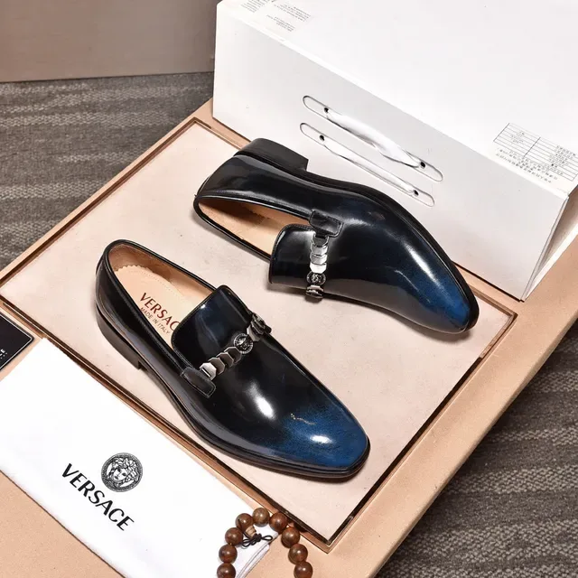 Versace Chain Reaction Navy Blue Patent Leather Loafers 9