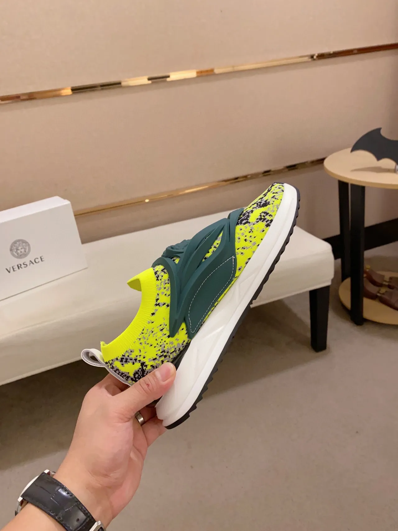 Versace Chain Reaction Sneakers Lifestyle Jaune Néon Tricot Tacheté 5