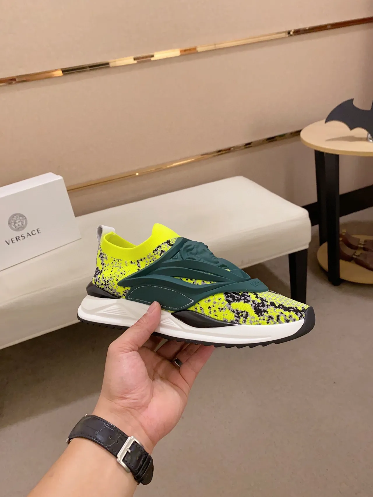 Versace Chain Reaction Sneakers Lifestyle Jaune Néon Tricot Tacheté 7