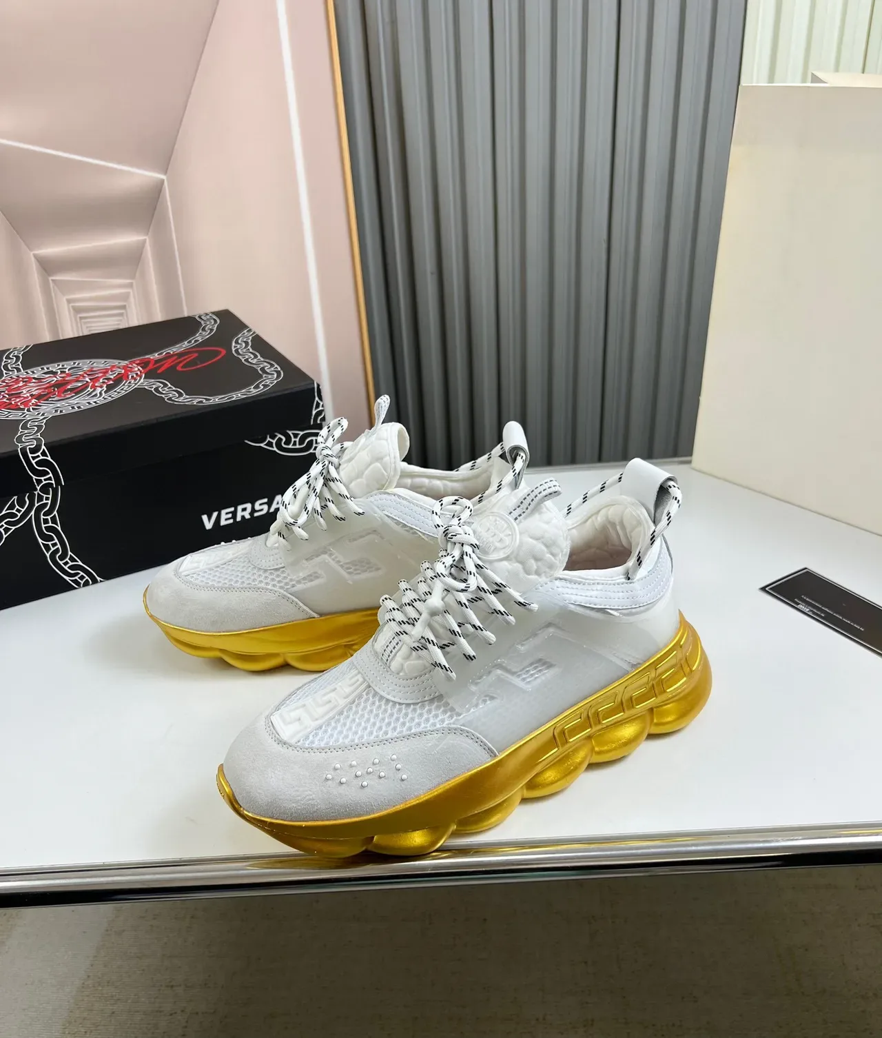 Versace Chain Reaction White and Gold Chunky Sneakers 8