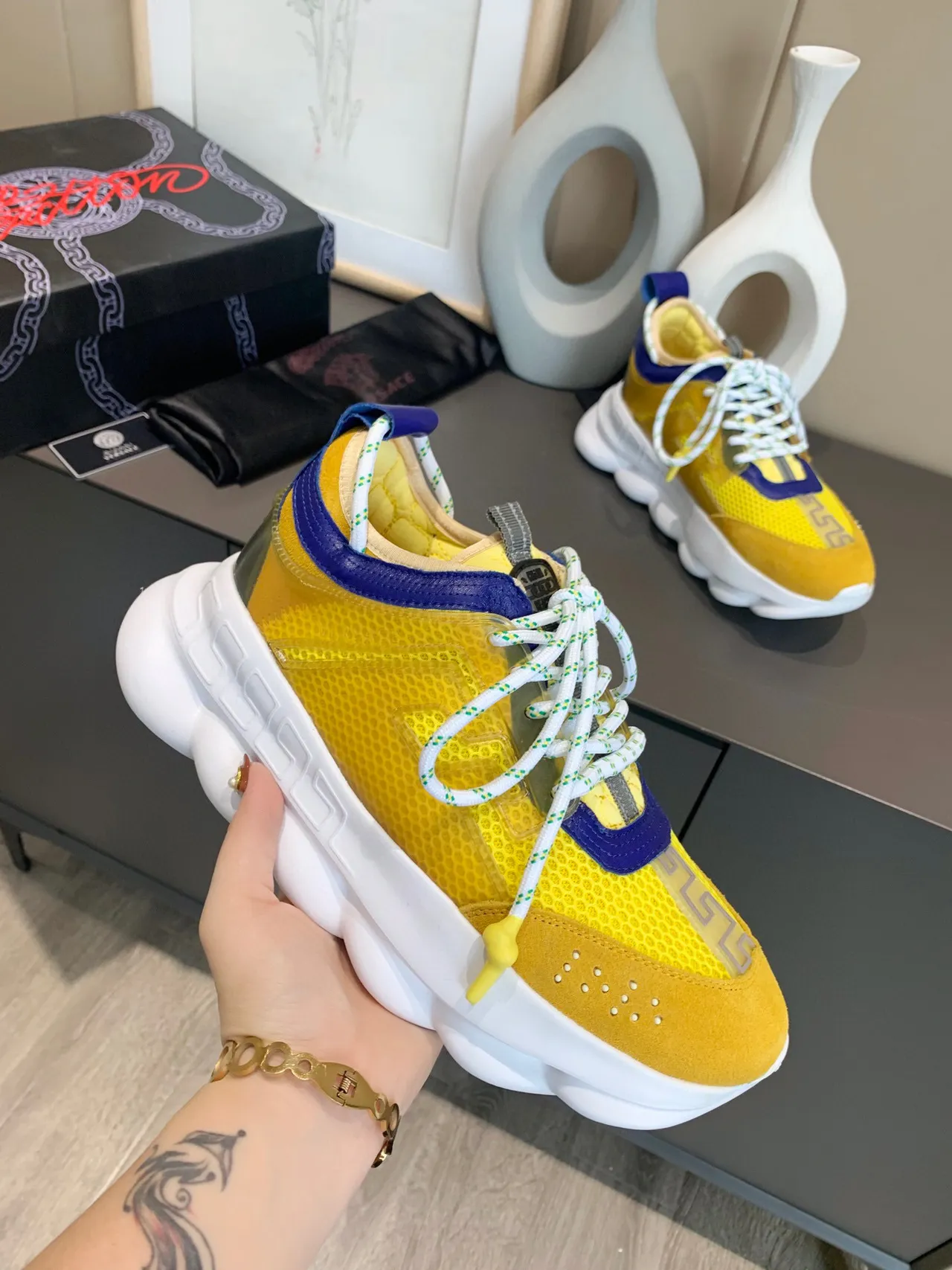 Versace Chain Reaction Yellow Blue Chunky Sneakers 4