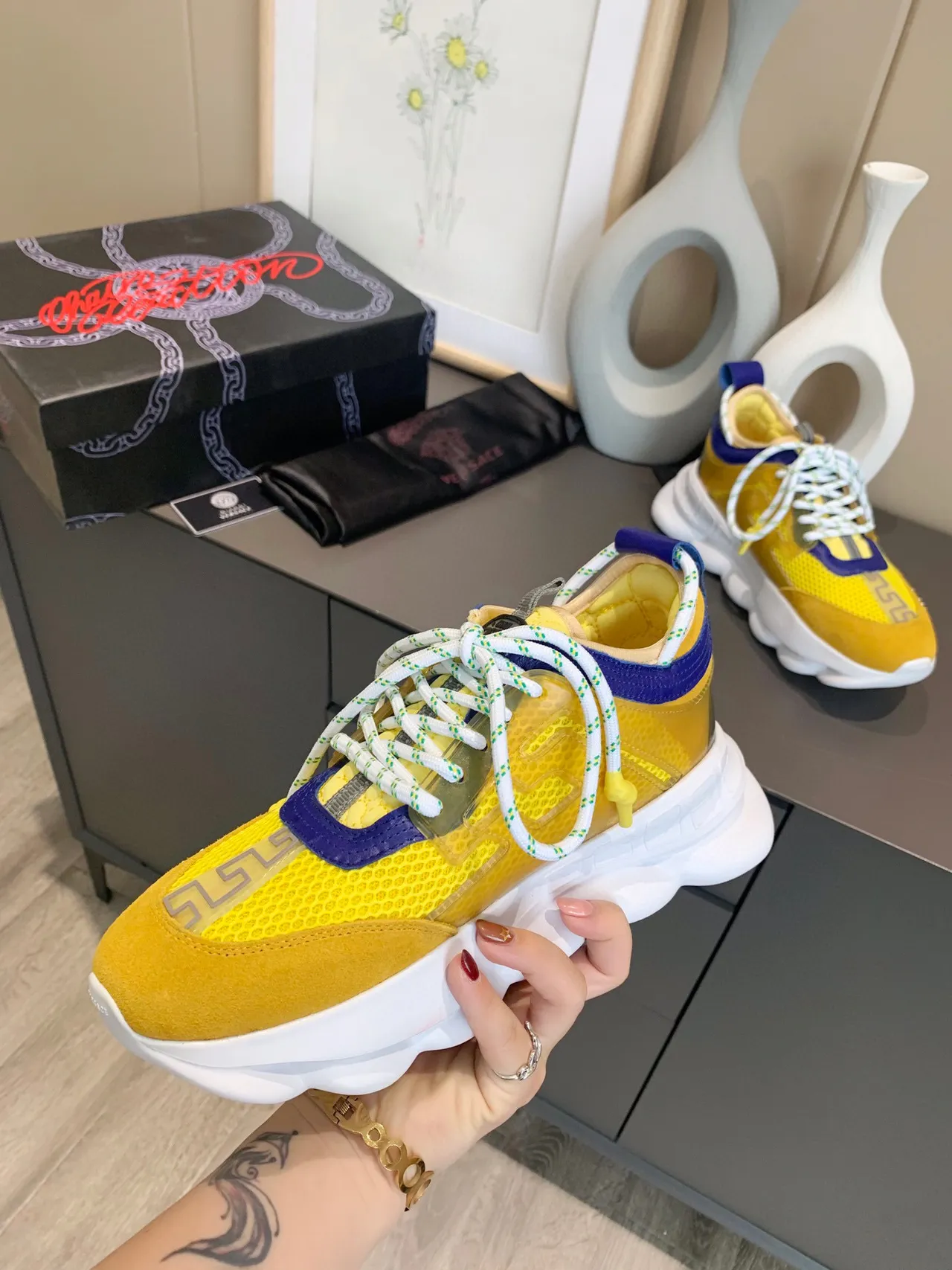 Versace Chain Reaction Yellow Blue Chunky Sneakers 6