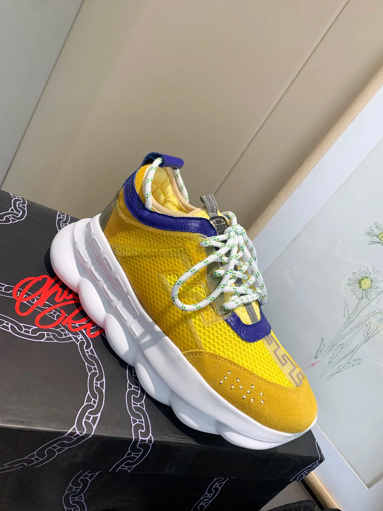 Versace Chain Reaction Yellow Blue Chunky Sneakers 9