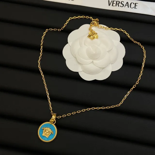 Versace Gold Blue Chain Circular Medallion Necklace 3