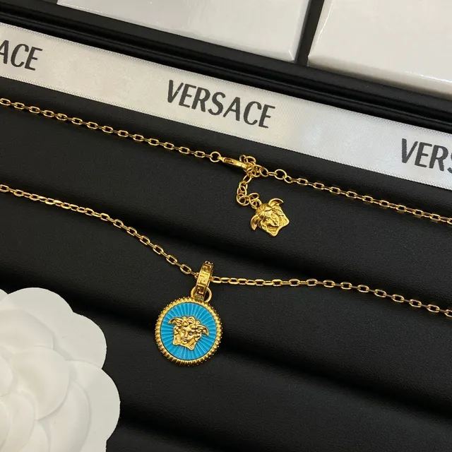 Versace Gold Blue Chain Circular Medallion Necklace 4