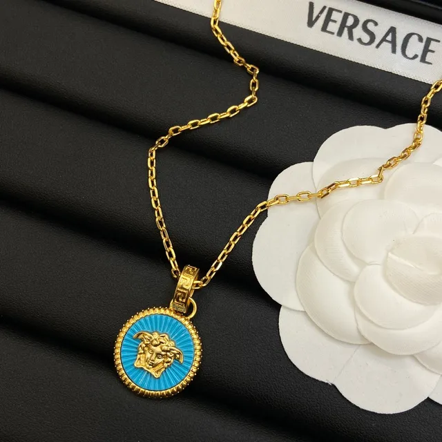 Versace Gold Blue Chain Circular Medallion Necklace 5