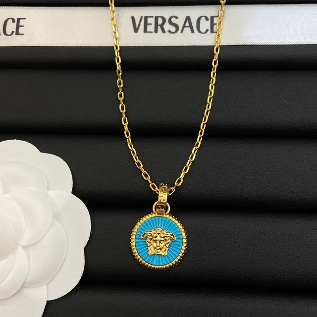Versace Gold Blue Chain Circular Medallion Necklace 6
