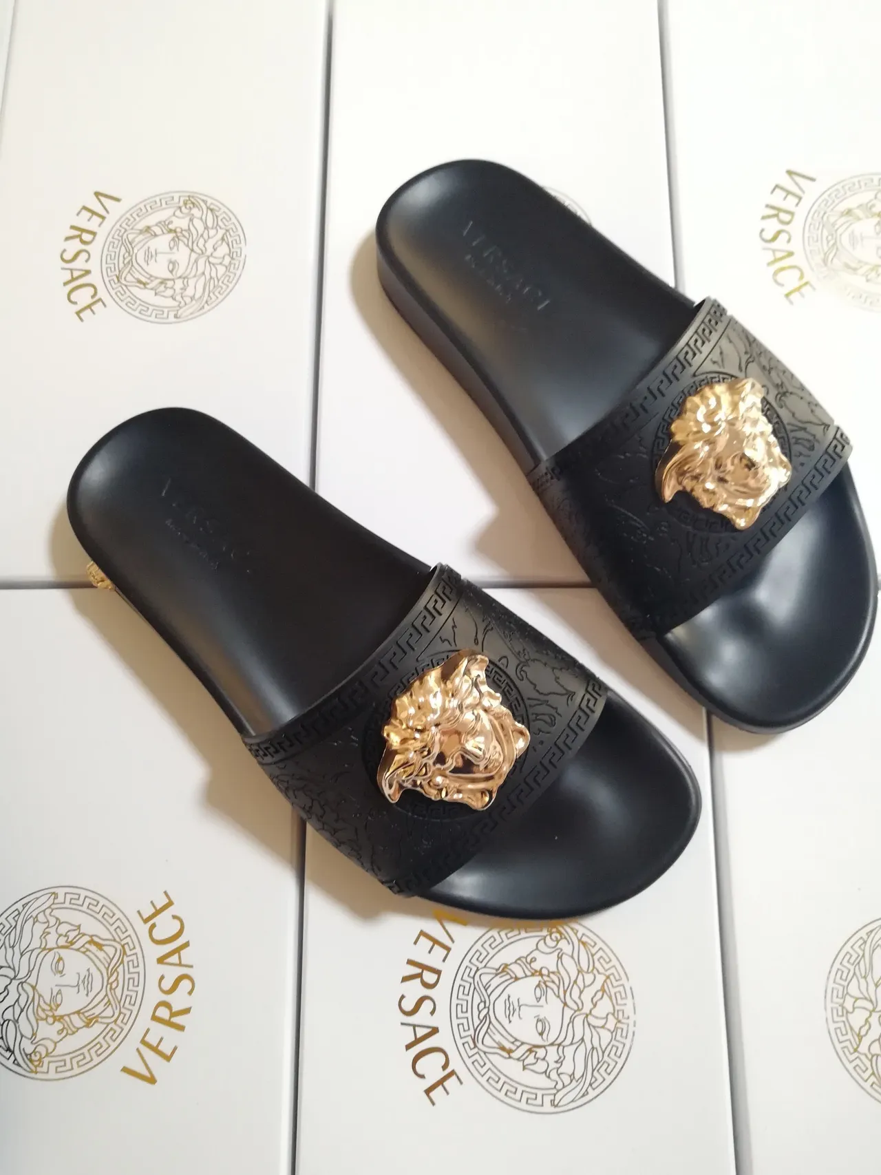 Versace Medusa Slide Black Gold Head Emblem Greca Key Pattern Border Slippers 2