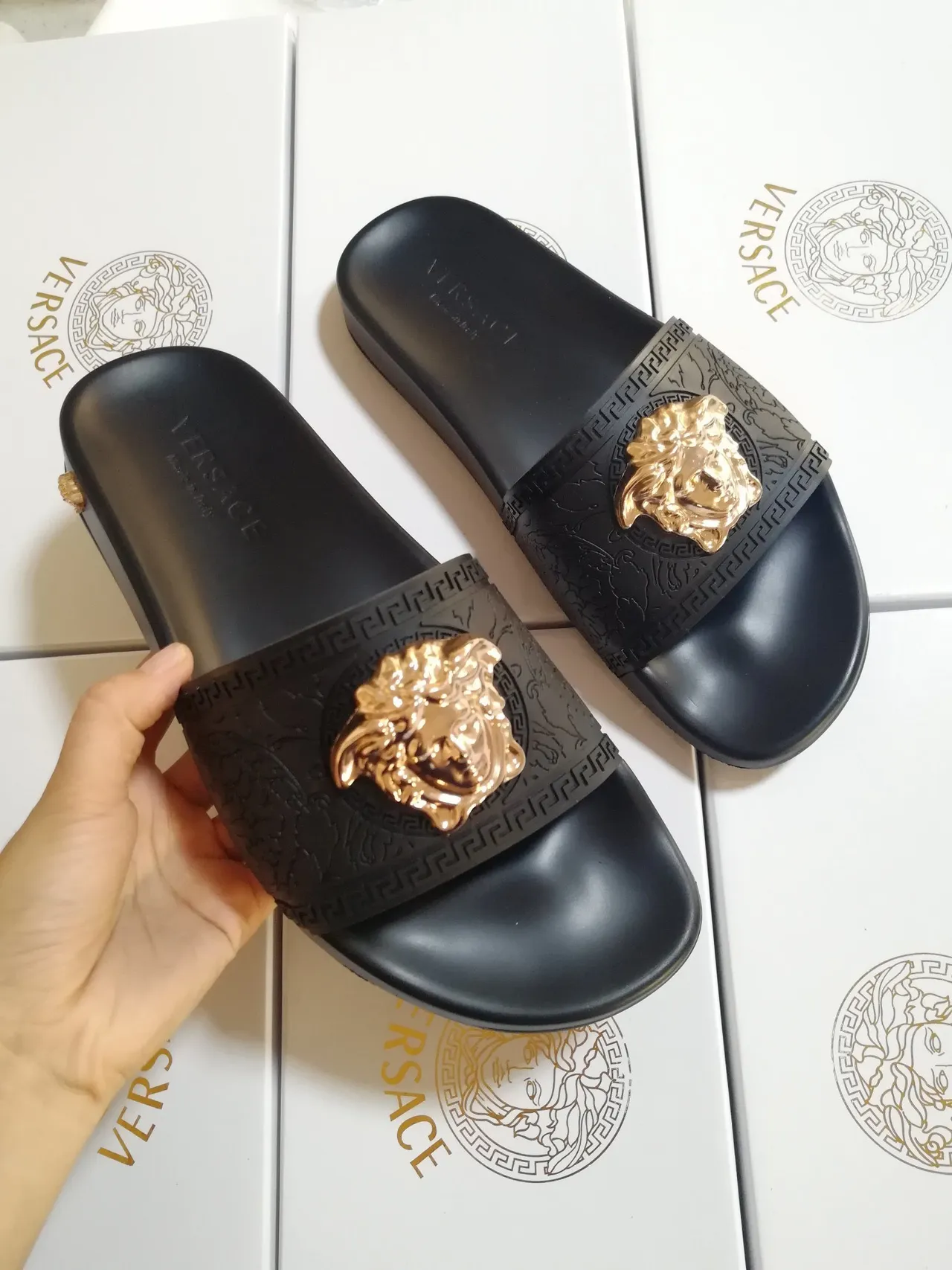 Versace Medusa Slide Black Gold Head Emblem Greca Key Pattern Border Slippers 3