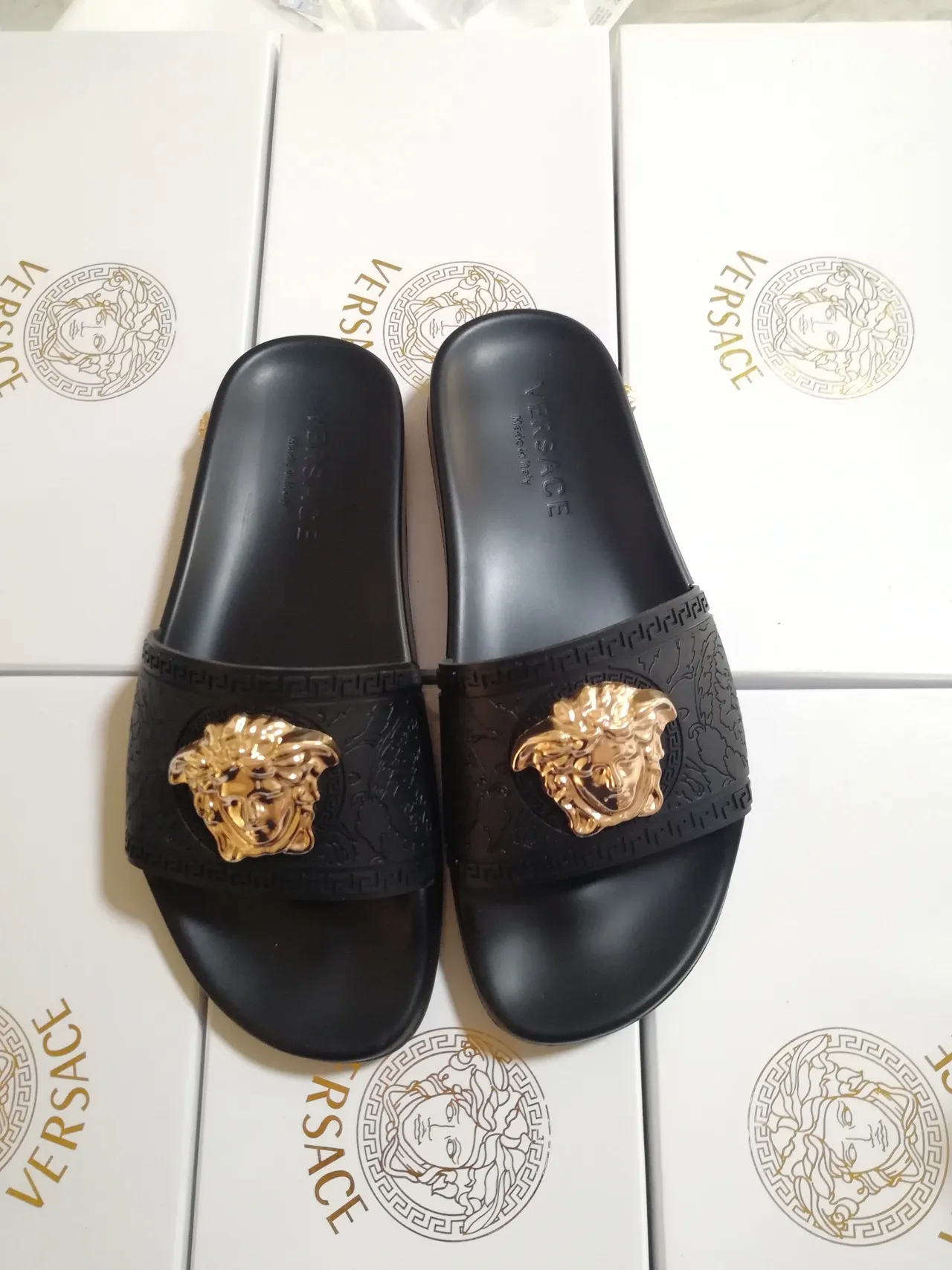 Versace Medusa Slide Black Gold Head Emblem Greca Key Pattern Border Slippers 4