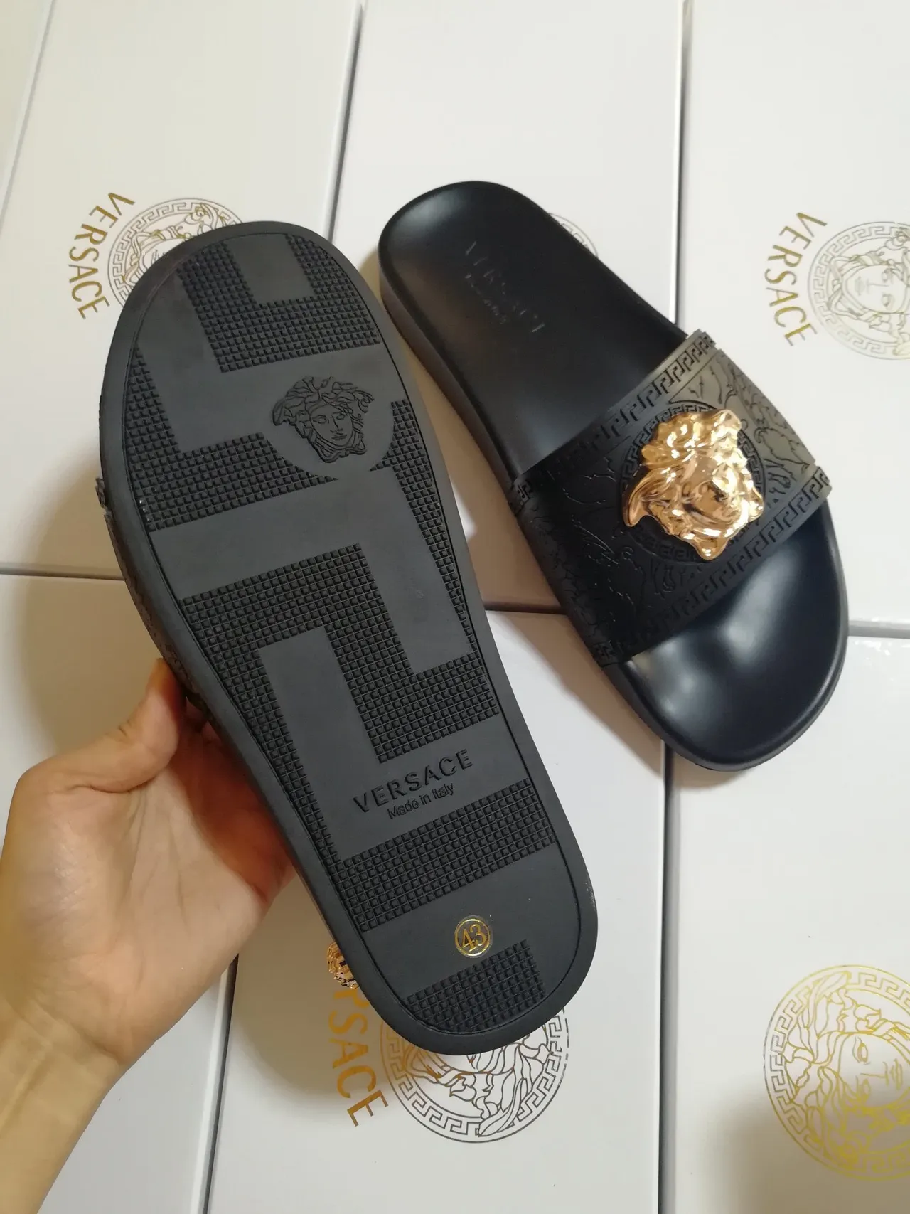 Versace Medusa Slide Black Gold Head Emblem Greca Key Pattern Border Slippers 5