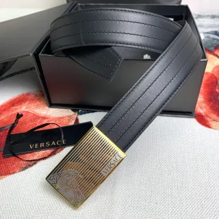 Versace Odissea काला सोना चिकना आयताकार बकल लेदर बेल्ट