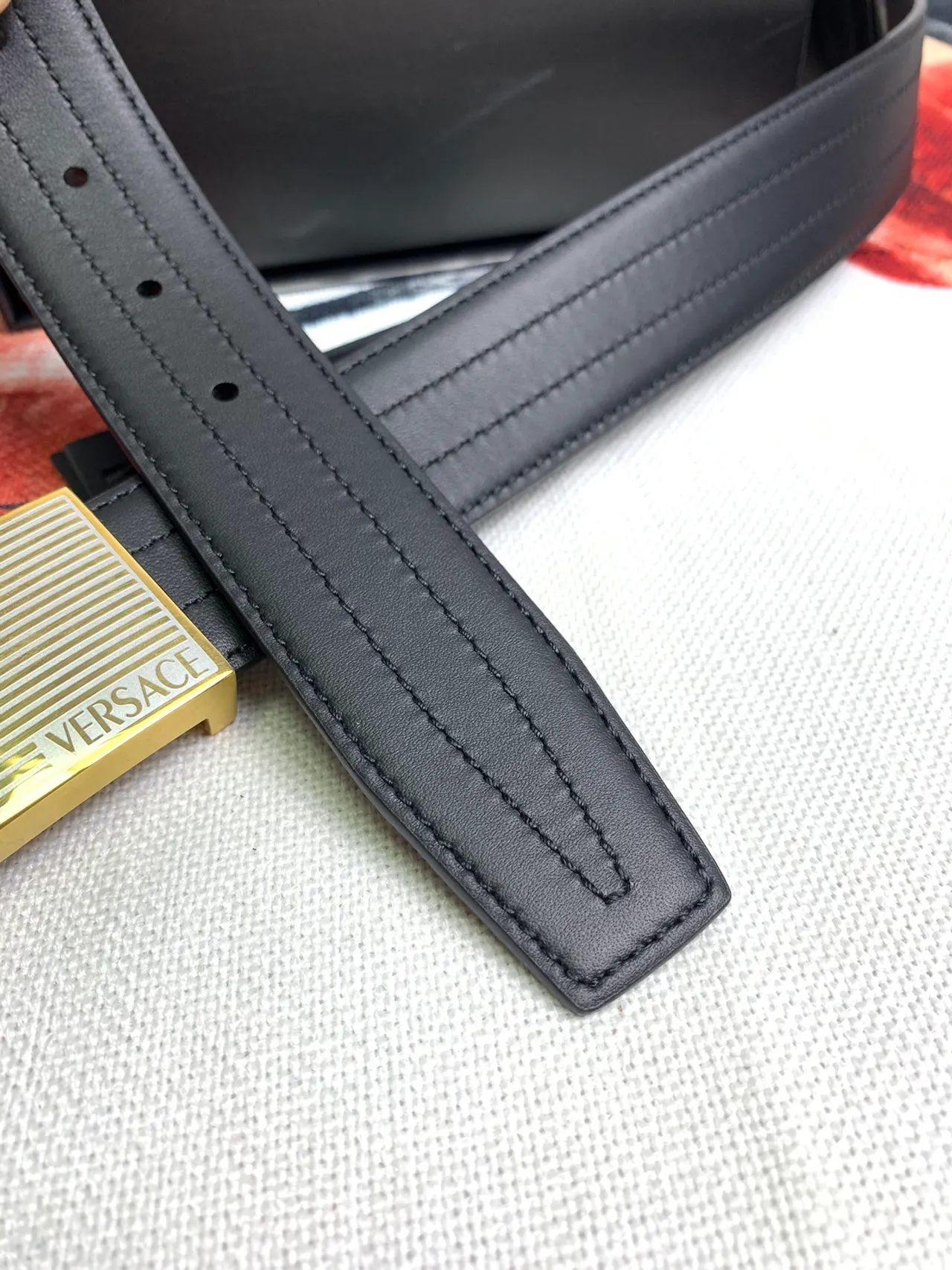 Versace Odissea Black Gold Smooth Rectangular Buckle Leather Belt 2