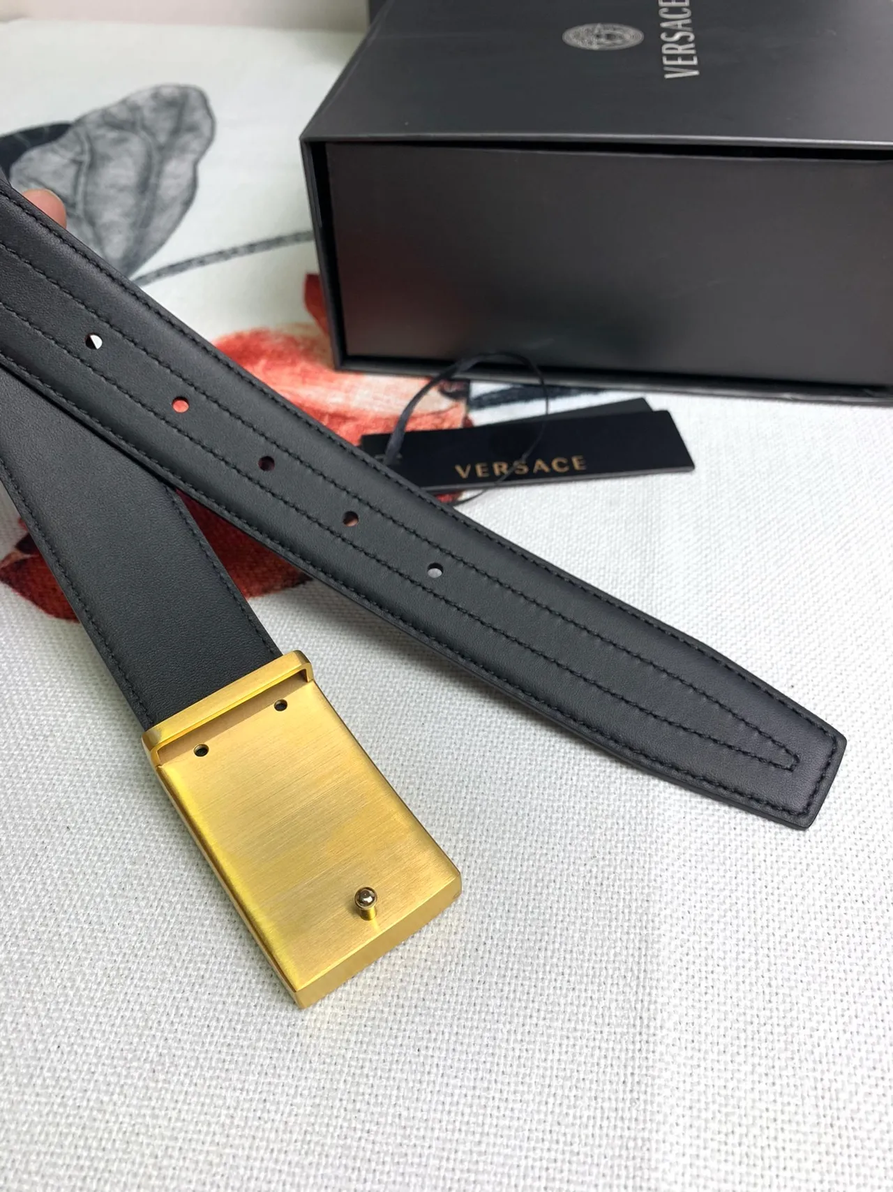 Versace Odissea Black Gold Smooth Rectangular Buckle Leather Belt 3