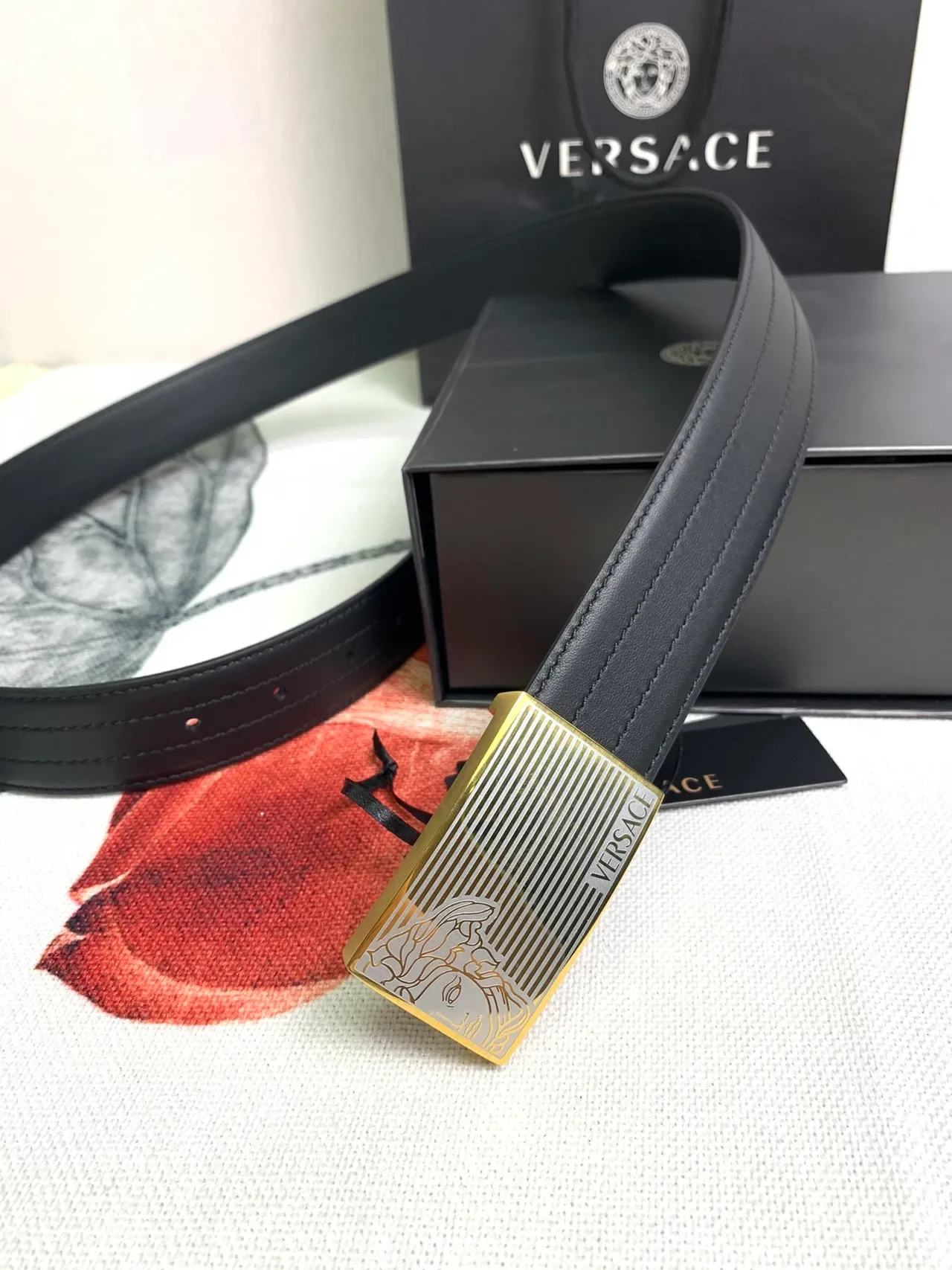 Versace Odissea Black Gold Smooth Rectangular Buckle Leather Belt 5