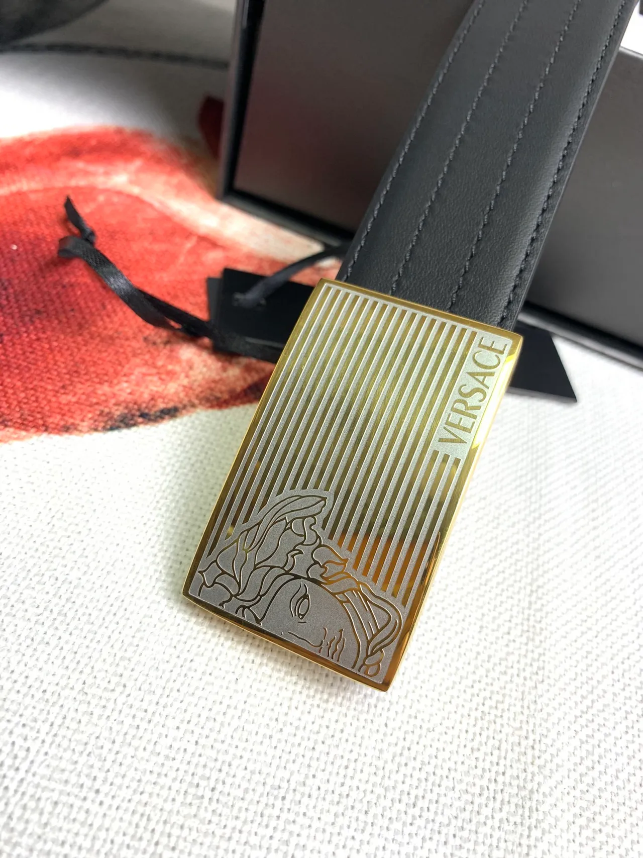 Versace Odissea Black Gold Smooth Rectangular Buckle Leather Belt 6