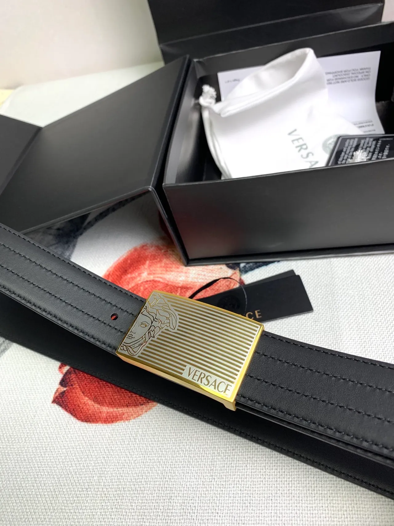 Versace Odissea Black Gold Smooth Rectangular Buckle Leather Belt 7