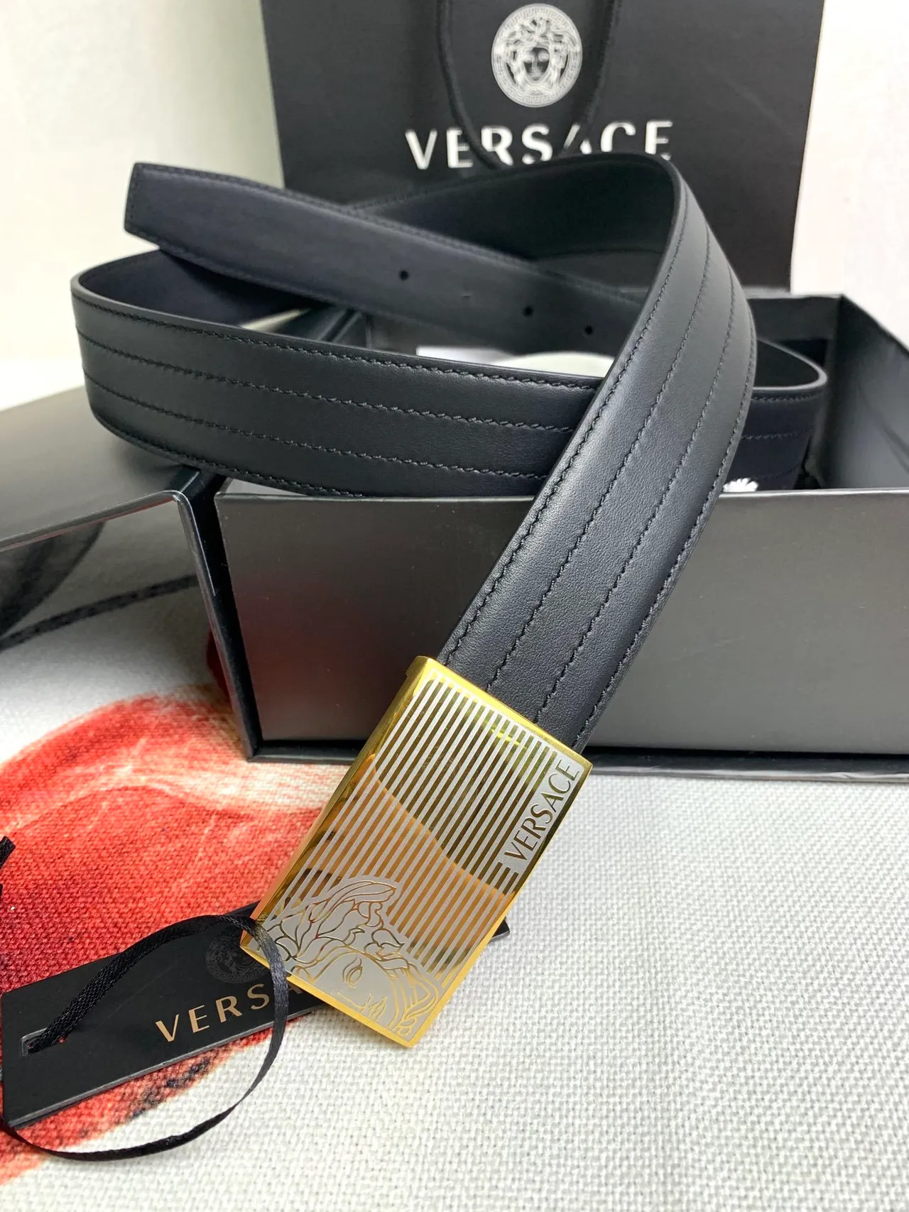 Versace Odissea Black Gold Smooth Rectangular Buckle Leather Belt 8