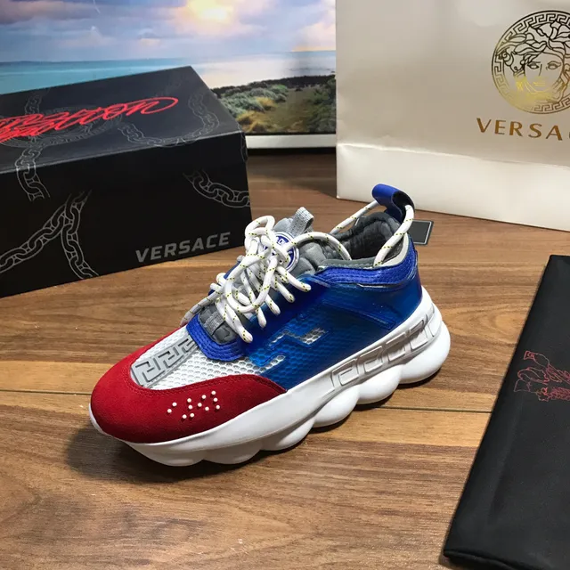 Versace Red Blue Color-Blocked Greca-Patterned Chunky Sneakers 1