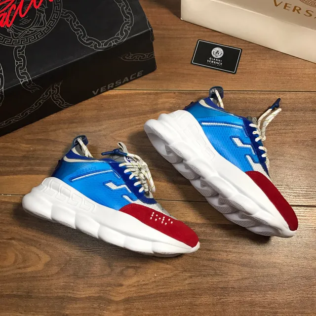 Versace Red Blue Color-Blocked Greca-Patterned Chunky Sneakers 4