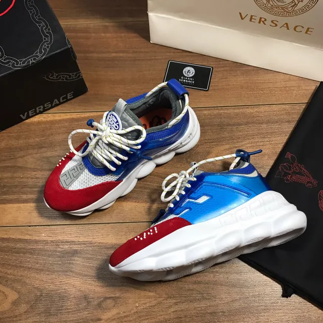 Versace Red Blue Color-Blocked Greca-Patterned Chunky Sneakers 6