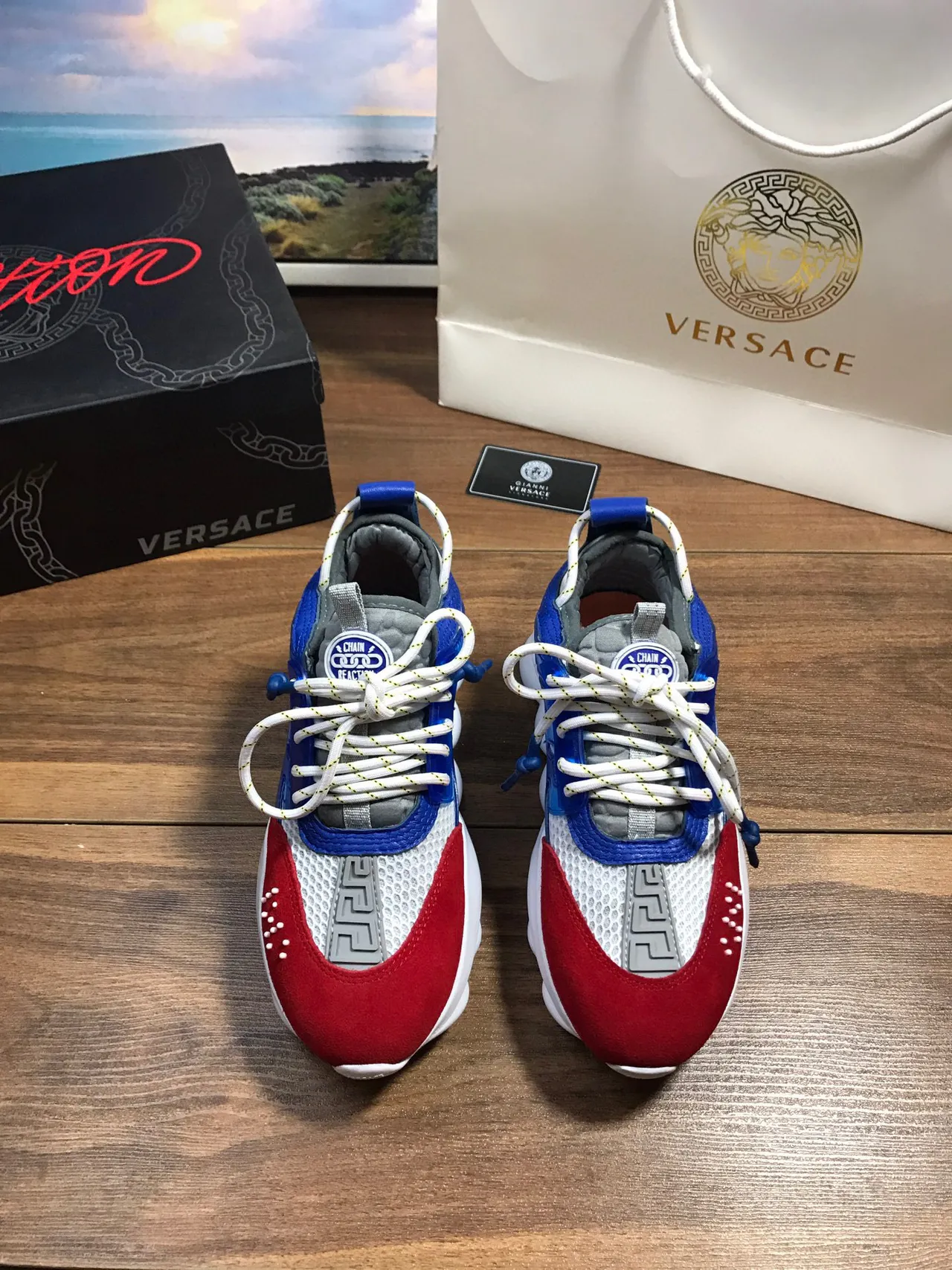 Versace Red Blue Color-Blocked Greca-Patterned Chunky Sneakers 9