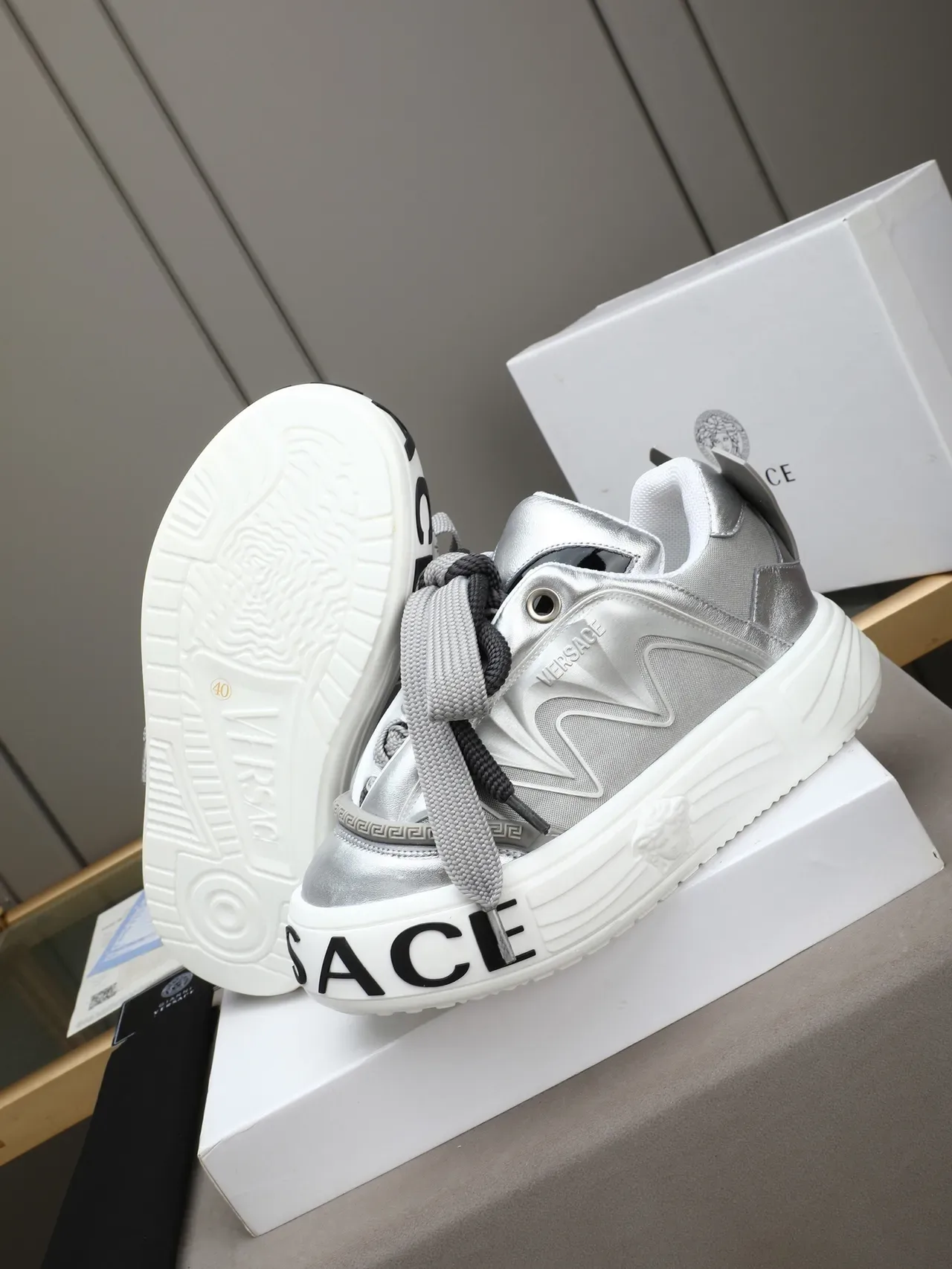 Versace Silver White Metallic Upper Chunky Platform Sole Lifestyle Sneakers 2