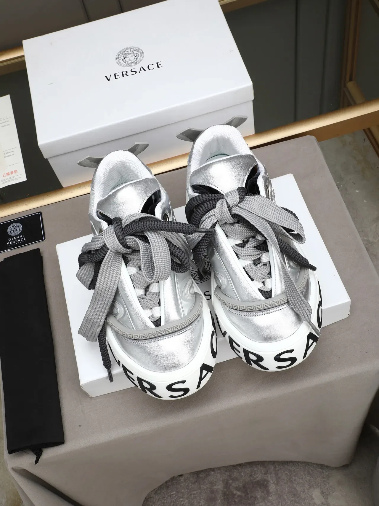Versace Silver White Metallic Upper Chunky Platform Sole Lifestyle Sneakers 3