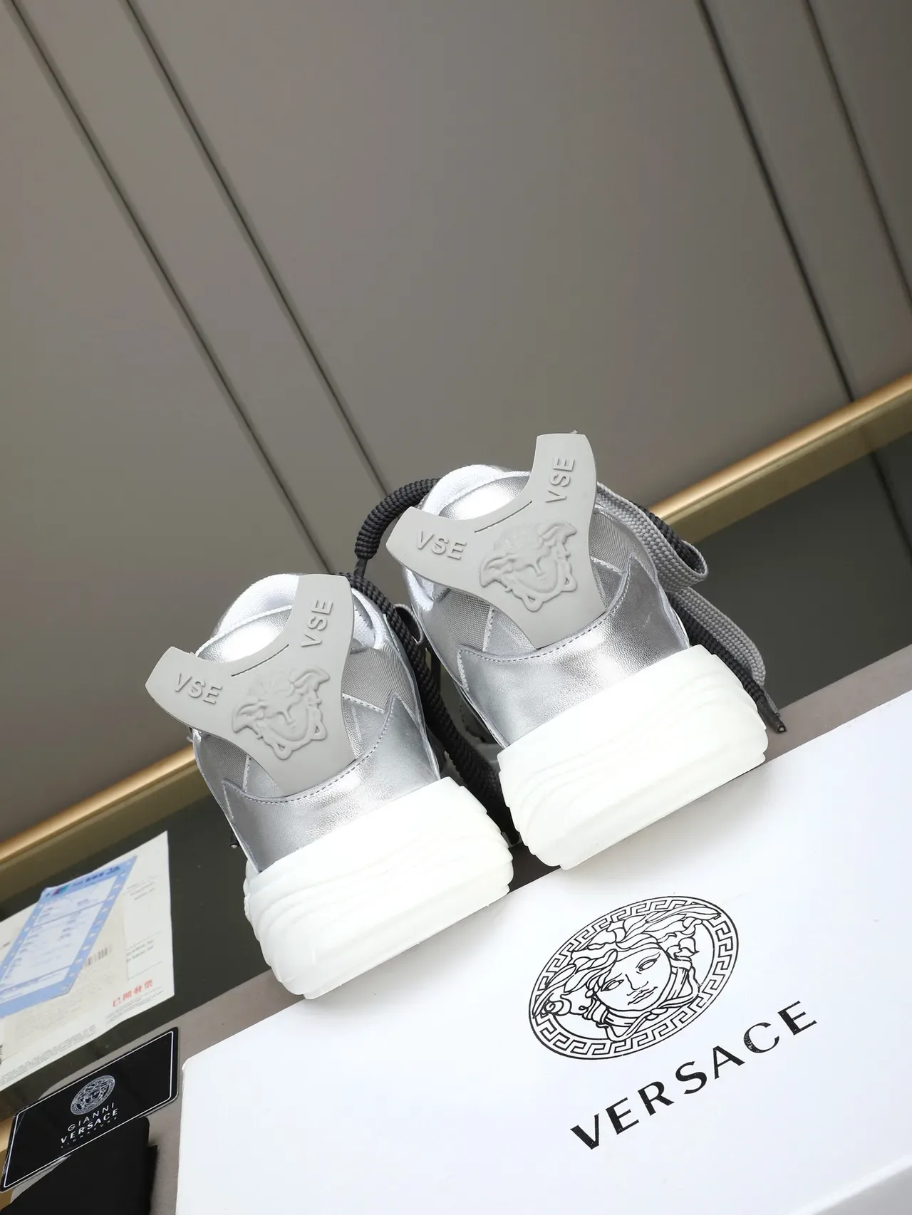 Versace Silver White Metallic Upper Chunky Platform Sole Lifestyle Sneakers 4